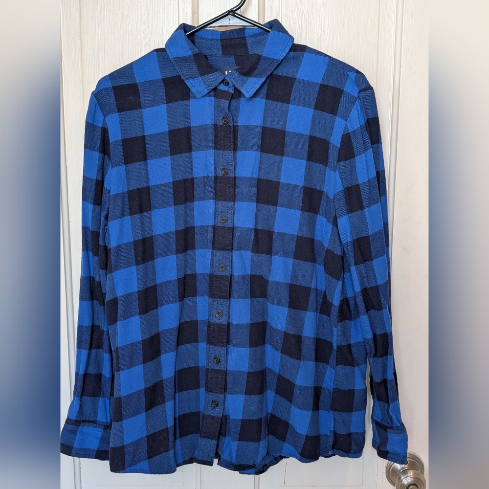 Lands End Womens Black And Black Buffalo Check Plaid Button Down Shirt